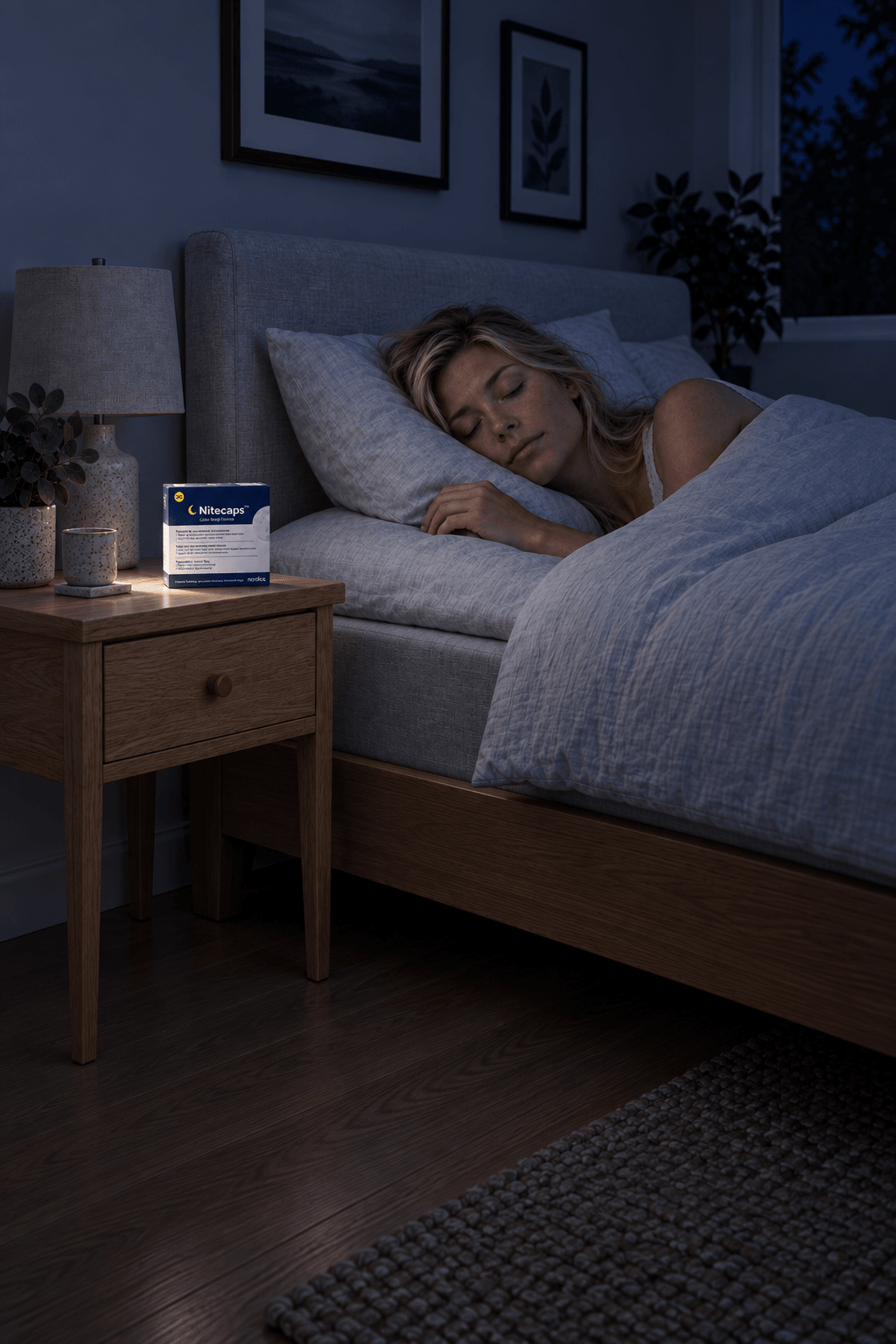 Kvinne som sover fredelig med NiteCaps på nattbordet